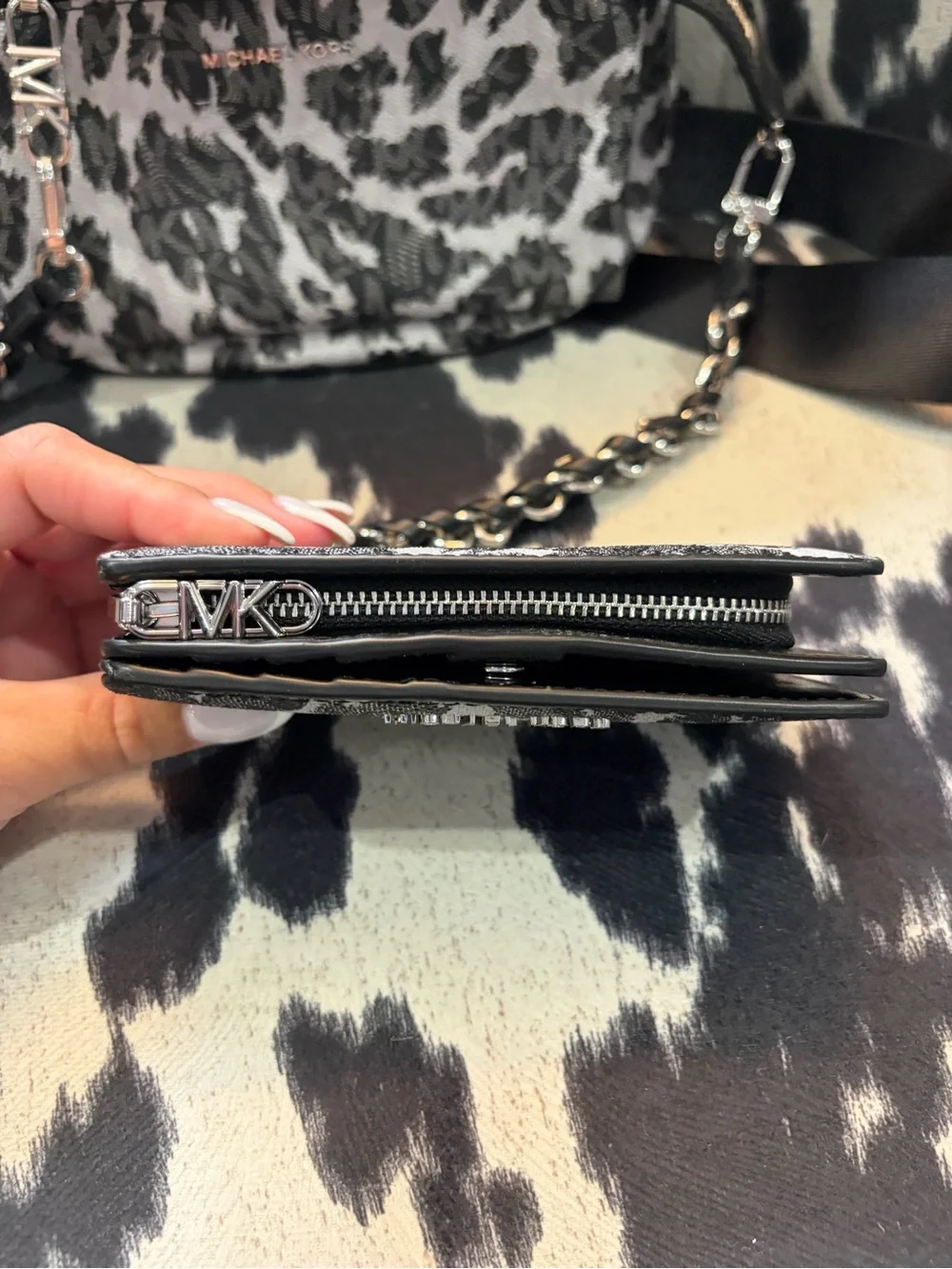 Michael Kors Black & Gray Leopard-Print Crossbody with Chain & matching wallet.